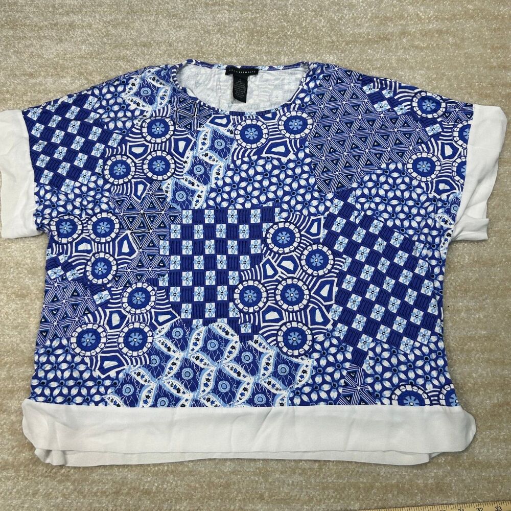 Grace Elements Top Womens L Blue White Patchwork Print Short Sleeve Boxy Blouse